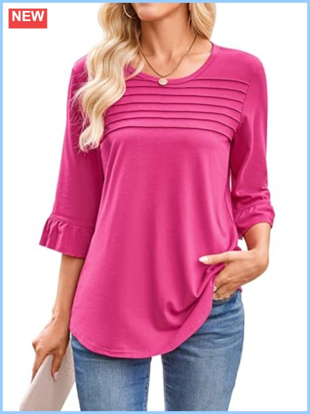 Women's 3/4 Sleeve Ruffle Pleated Tunic Top Flowy Dressy Casual Blouse